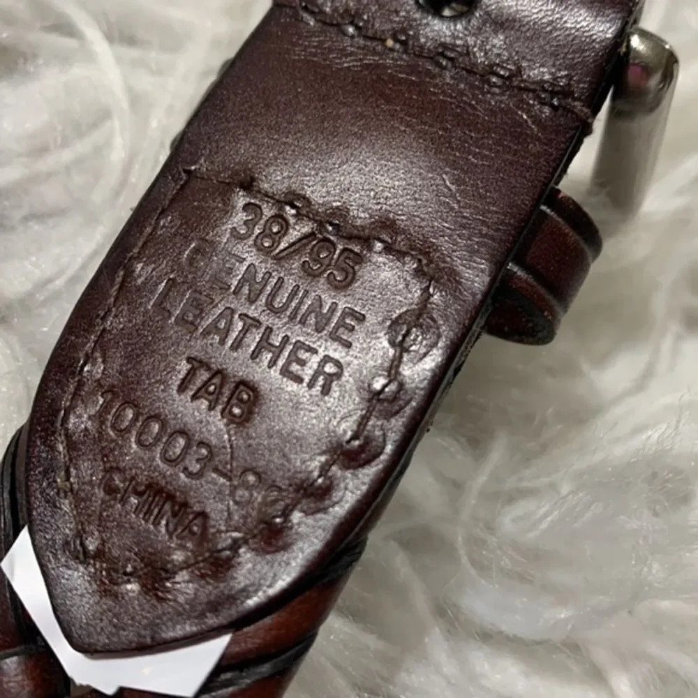 LEATHER belt woven silvertone buckle unisex  size 38/95